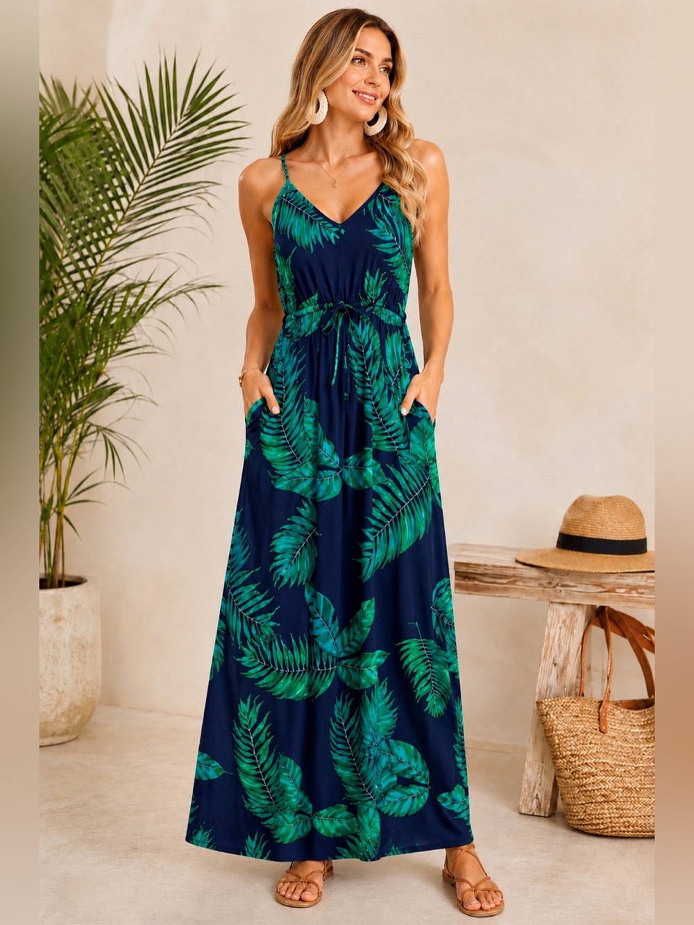 Huskary Palm Print Maxi Dress L NWT Pockets Beach Vacation Resort